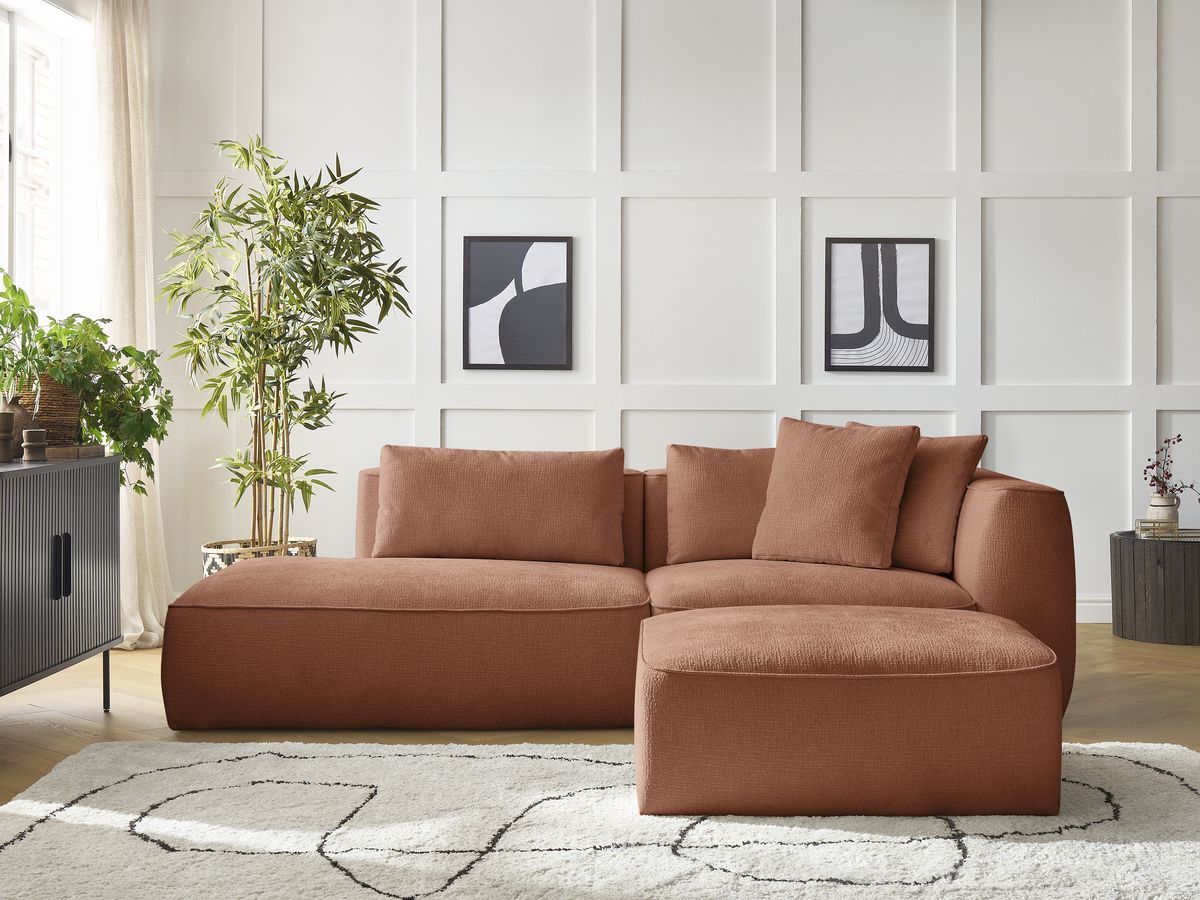 Bobochic Leopold Sofa 4-Sitzer mit Pouf Strukturstoff Orange Armlehne rechts