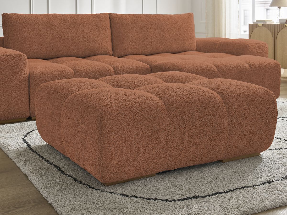 Bobochic Anakin Ecksofa mit Schlaffunktion und Bettkasten und Pouf, 2 Kissen Bouclé-Stoff Orange