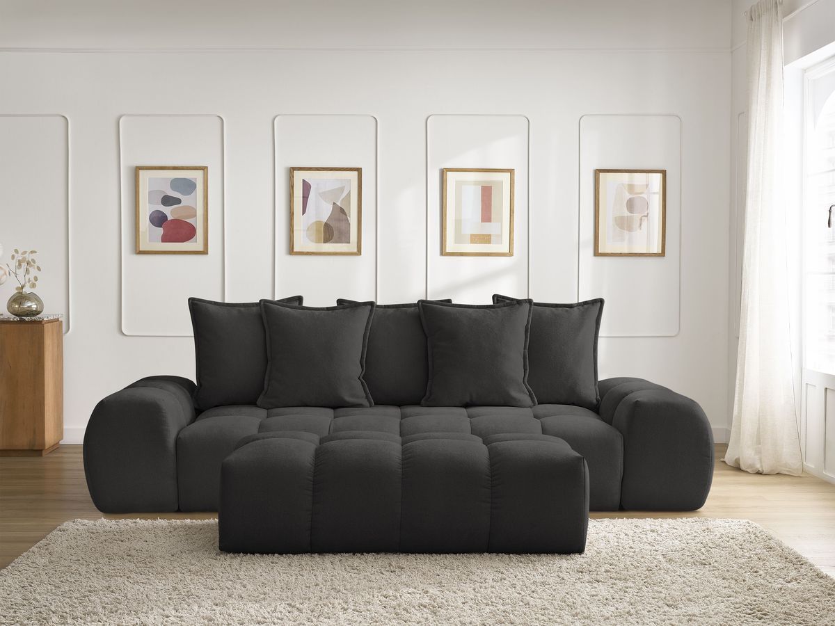 Bobochic Everest Schlafsofa 3-Sitzer mit Bettkasten und Pouf, 5 Kissen Strukturstoff Schwarz