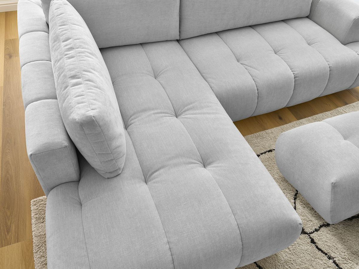 Bobochic Fuji Ecksofa mit Schlaffunktion und Bettkasten und Pouf 282 × 204 cm Stoff Hellgrau Ecke links