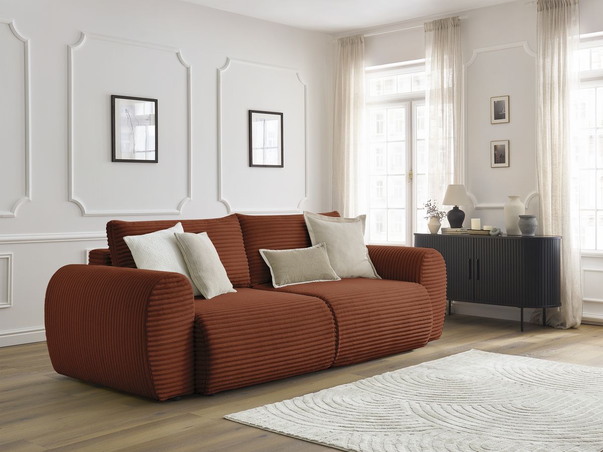 Bobochic Lucien Schlafsofa 3-Sitzer mit Bettkasten Breitcord weich Orange