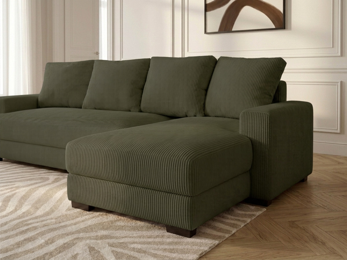 Bobochic Campi Ecksofa mit Schlaffunktion und Bettkasten Cordsamt Grün Ecke rechts