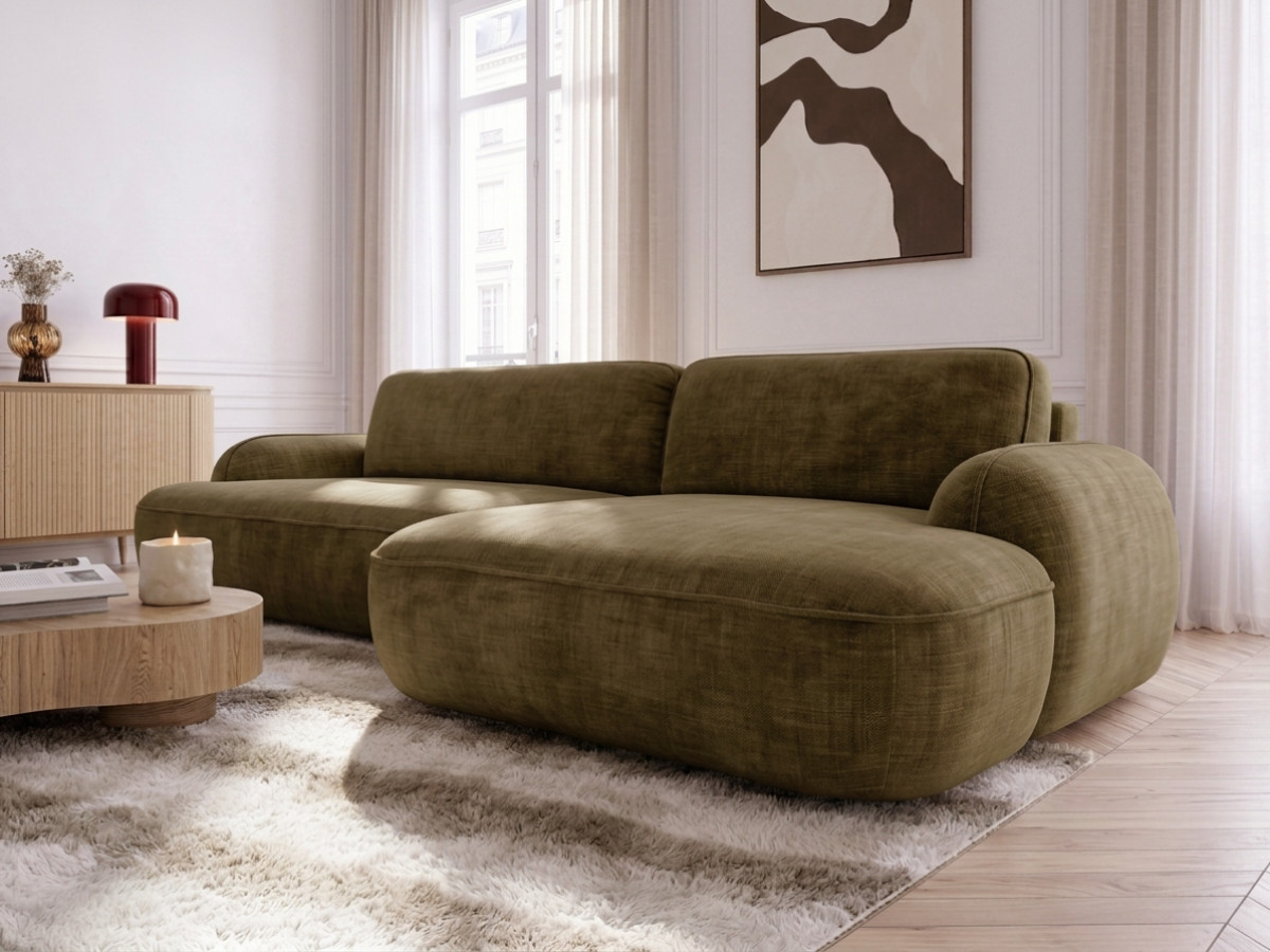 Bobochic Celeste Ecksofa mit Schlaffunktion und Bettkasten Stoff Grün Ecke rechts