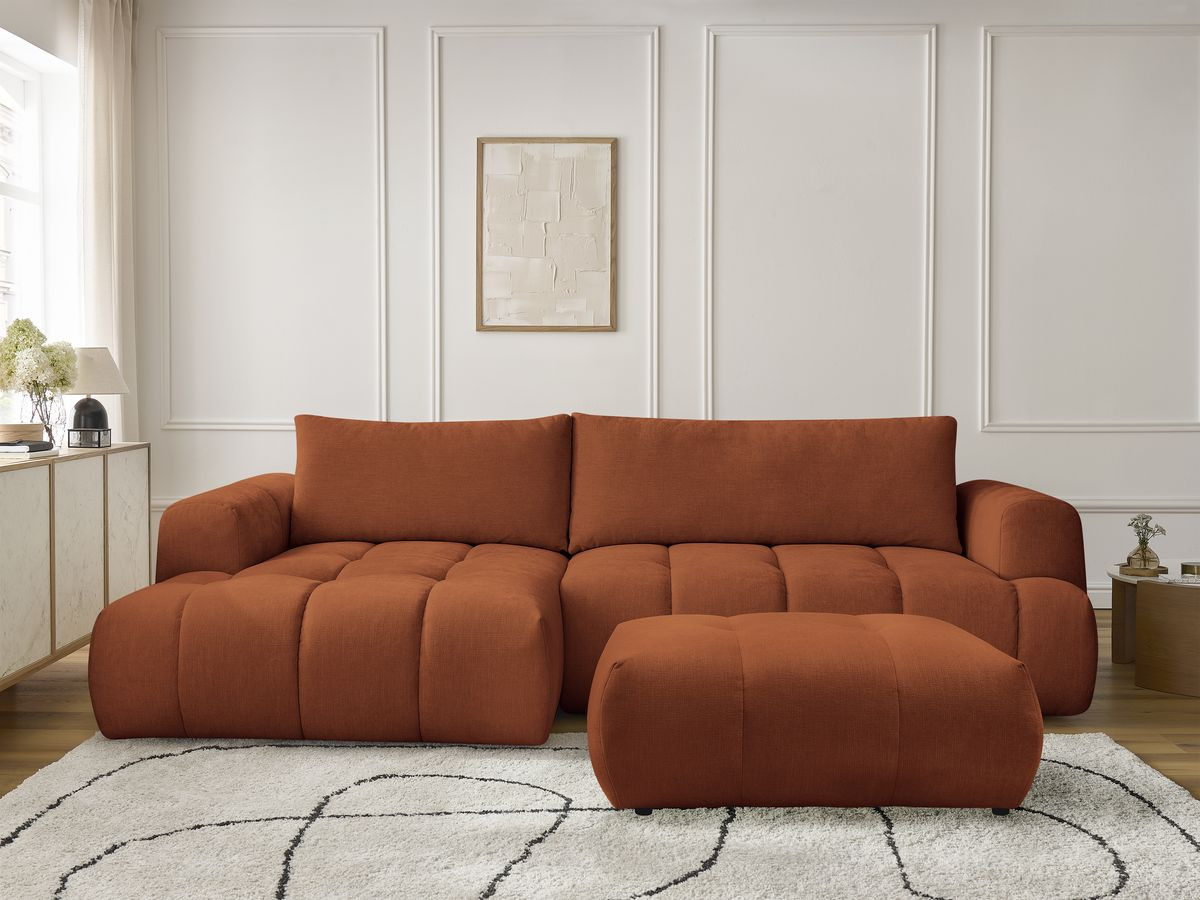 Bobochic Fuji Ecksofa mit Schlaffunktion und Bettkasten und Pouf 292 × 160 cm Stoff Orange Ecke links