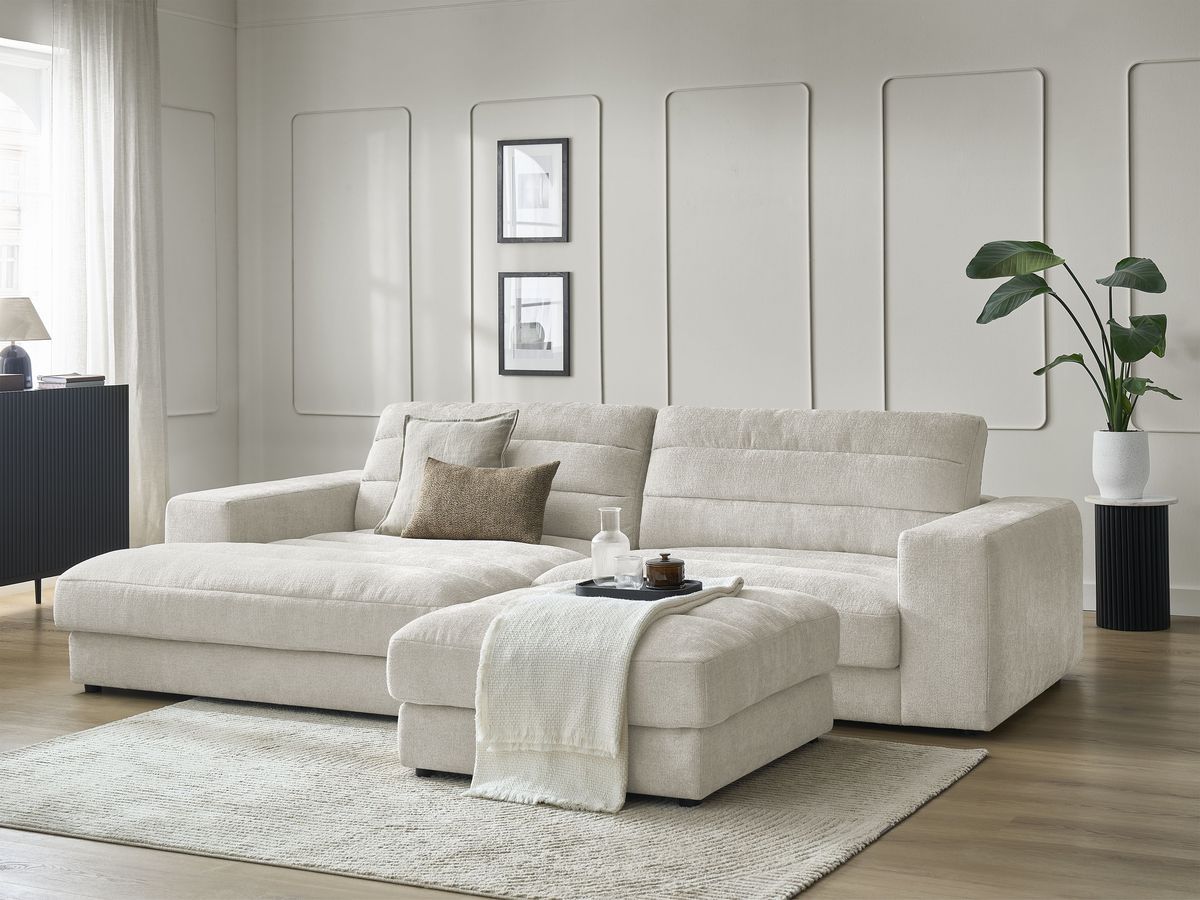 Bobochic Sierra Ecksofa mit Pouf Strukturstoff Beige Ecke links