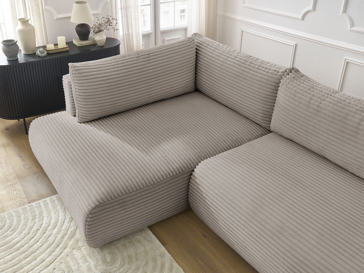 Bobochic Lucien Ecksofa mit Schlaffunktion und Bettkasten 296 × 198 cm Breitcord weich Taupe Ecke links