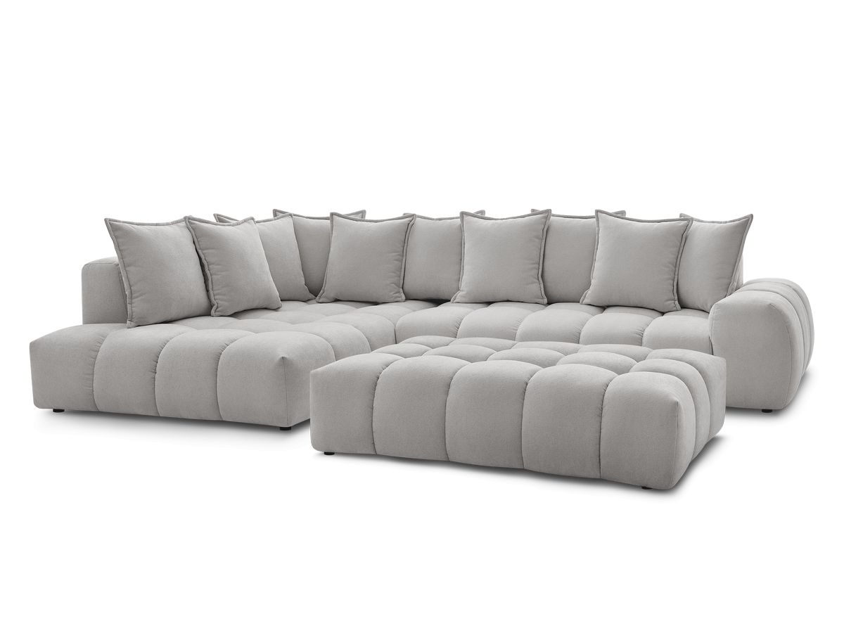 Bobochic Everest Ecksofa mit Schlaffunktion und Pouf, 10 Kissen Strukturstoff Hellgrau Ecke links