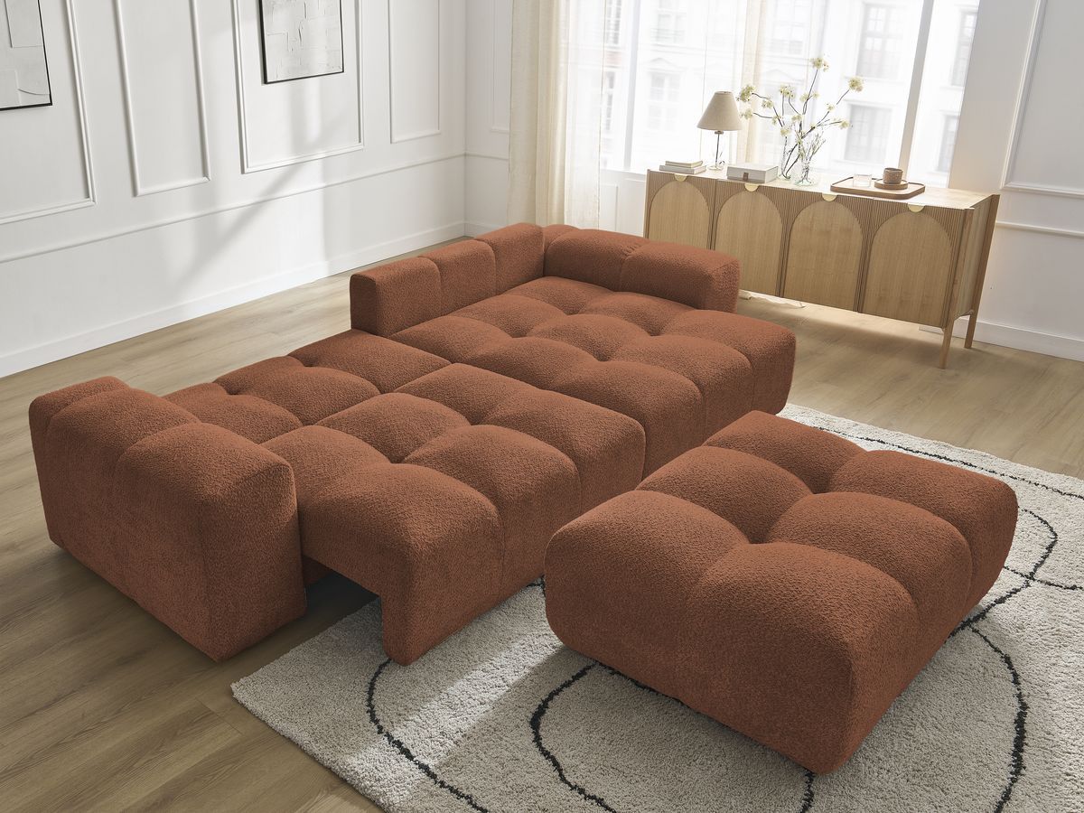Bobochic Anakin Ecksofa mit Schlaffunktion und Bettkasten und Pouf, 6 Kissen Bouclé-Stoff Orange