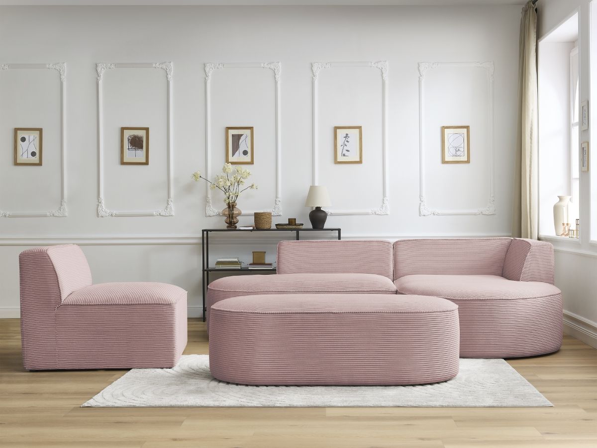 Bobochic Rousseau Ecksofa mit Sofamodul und Pouf Cordsamt Violett Ecke rechts
