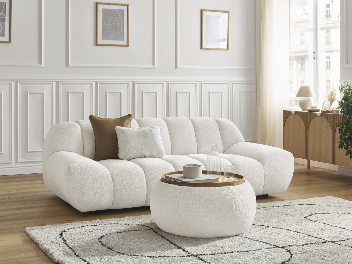 Bobochic Hayden Sofa 2-Sitzer mit Pouf Bouclé-Stoff Weiß