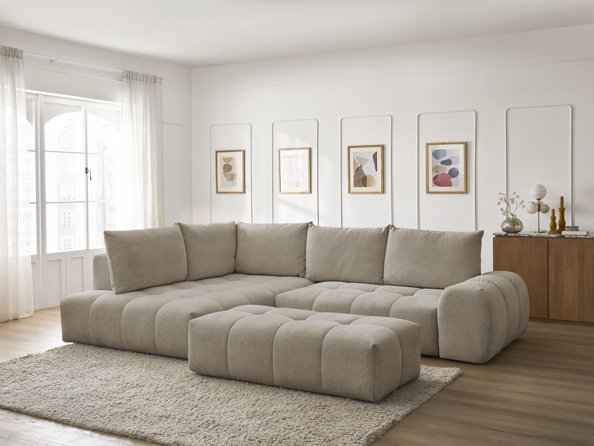 Bobochic Everest Ecksofa mit Schlaffunktion und Bettkasten und Pouf 320 × 212 cm, 5 Kissen Melange-Stoff Taupe Ecke links