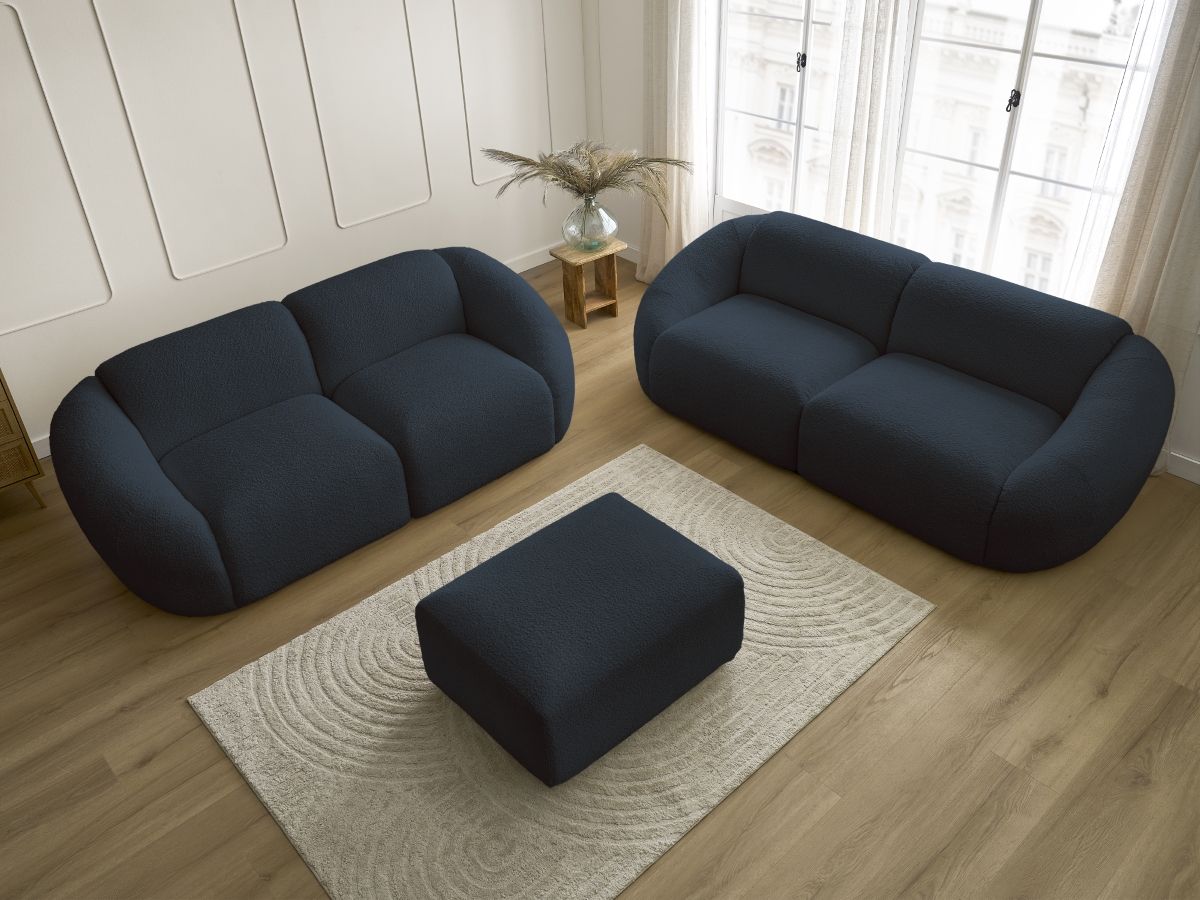 Bobochic Tina Sofa 6-Sitzer mit Pouf Bouclé-Stoff Dunkelblau