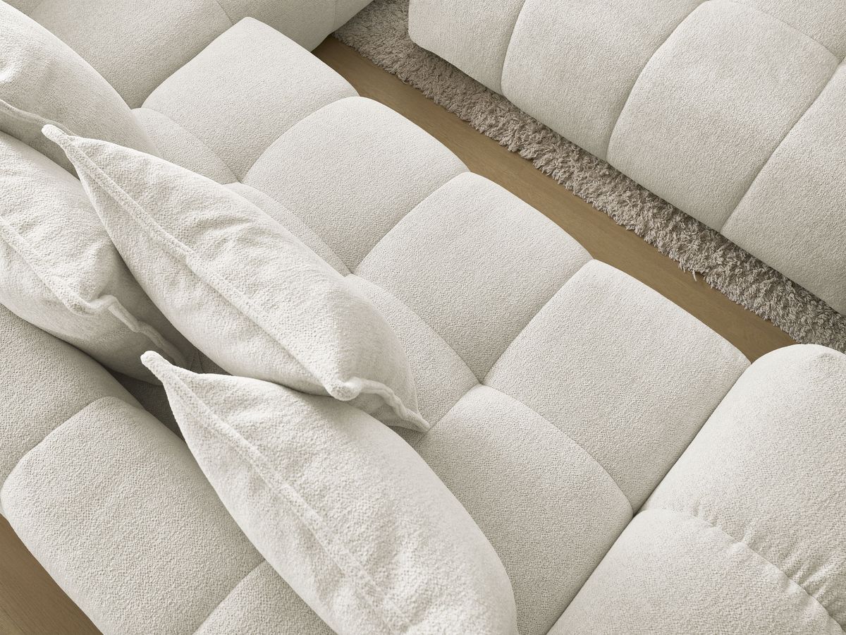 Bobochic Everest Ecksofa mit Schlaffunktion und Bettkasten und Pouf 320 × 212 cm, 10 Kissen Melange-Stoff Weiß Ecke rechts