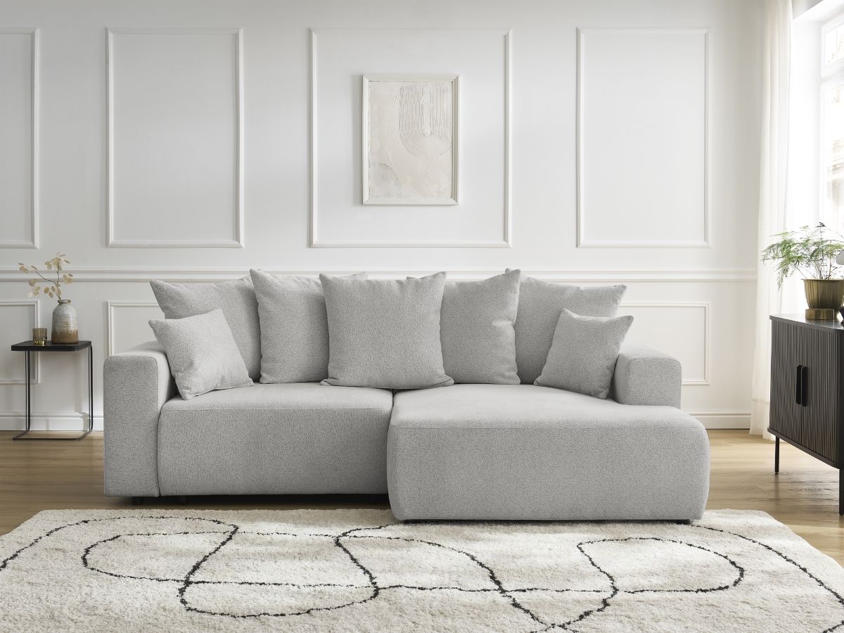 Bobochic Atilla Ecksofa mit Schlaffunktion und Bettkasten Melange-Stoff Hellgrau Ecke rechts