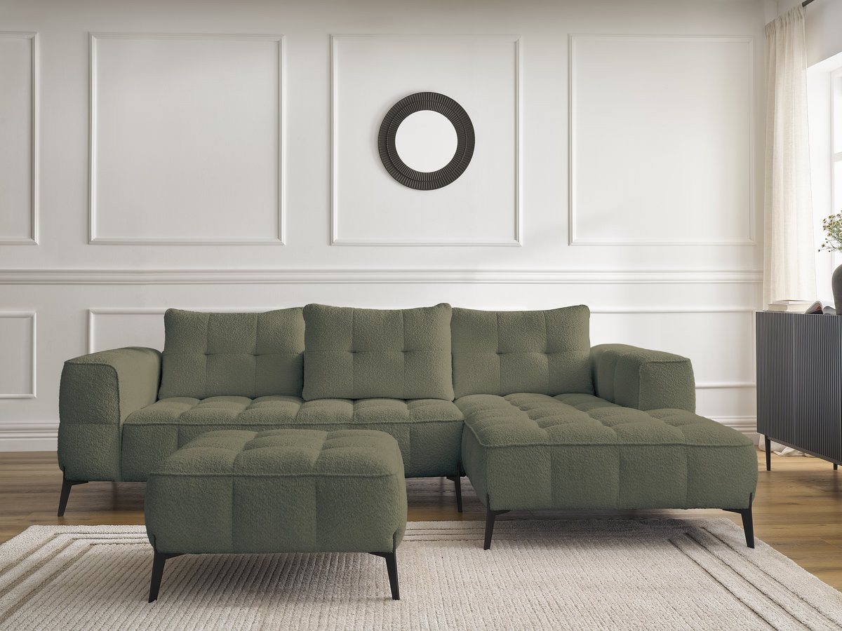 Bobochic Anis Ecksofa mit Pouf Bouclé-Stoff Grün Ecke rechts