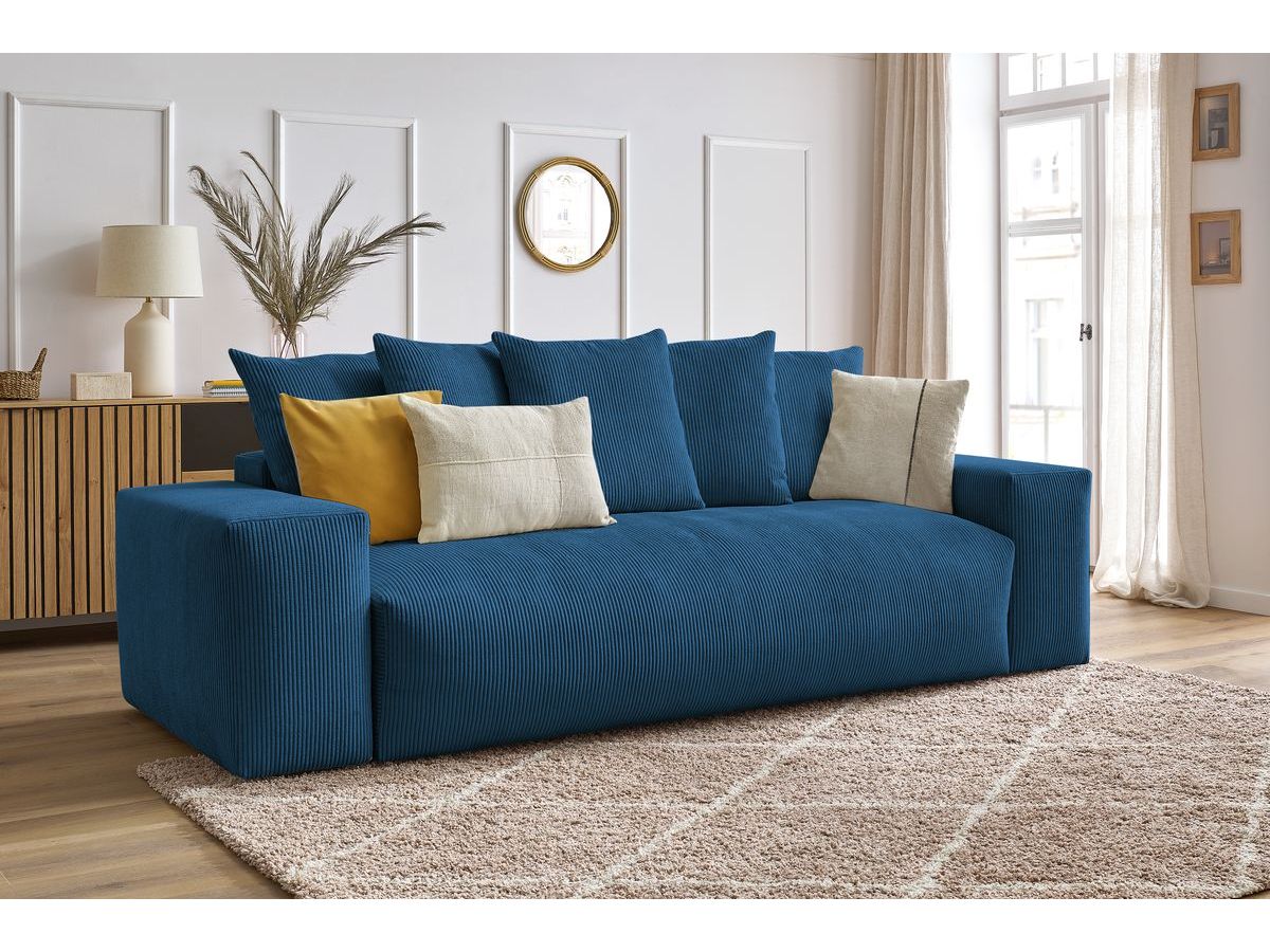 Bobochic Voltaire Schlafsofa 3-Sitzer mit Bettkasten Cordsamt Dunkelblau