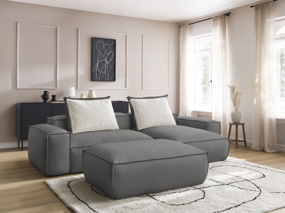 Bobochic Boheme Ecksofa mit Pouf Kunstleder Dunkelgrau