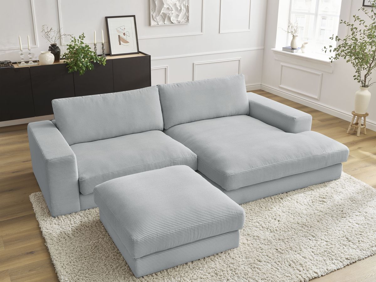 Bobochic Leonard Ecksofa mit Pouf 274 × 159 cm Cordsamt Hellgrau Ecke rechts