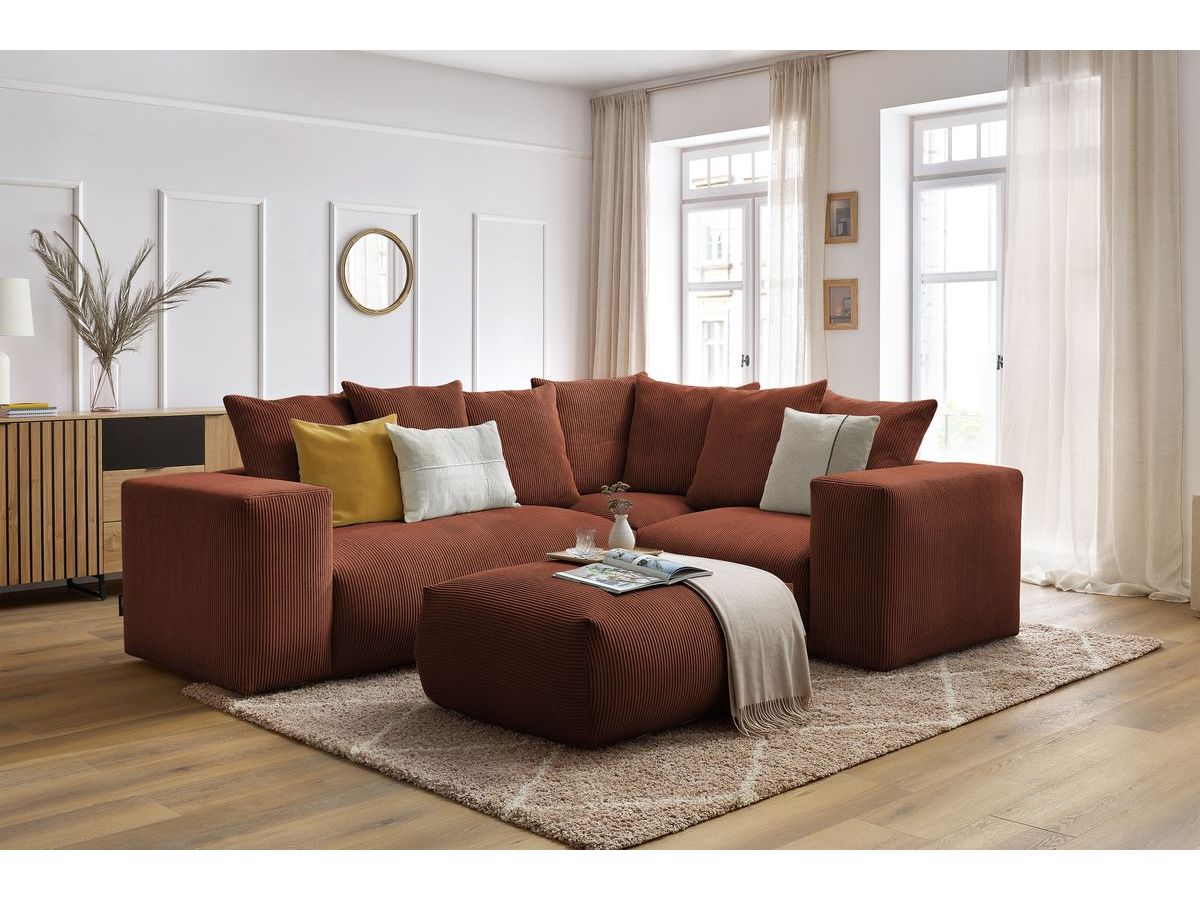 Bobochic Voltaire Ecksofa mit Pouf 268 × 214 cm Cordsamt Orange Ecke rechts
