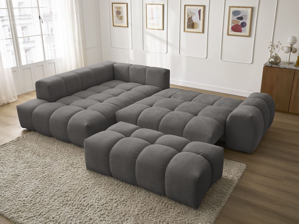 Bobochic Everest Ecksofa mit Schlaffunktion und Bettkasten und Pouf 320 × 212 cm, 5 Kissen Strukturstoff Dunkelgrau Ecke links