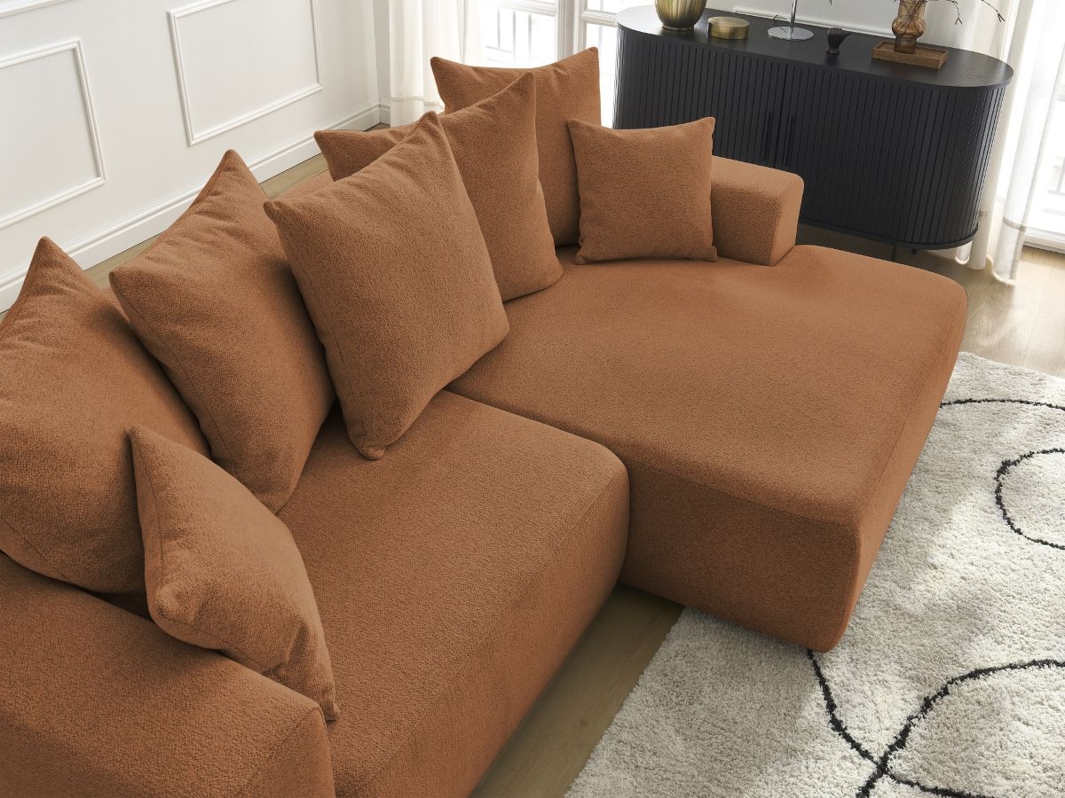 Bobochic Atilla Ecksofa mit Schlaffunktion und Bettkasten Melange-Stoff Orange Ecke rechts