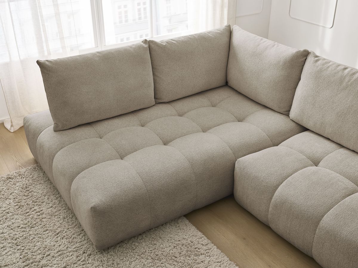 Bobochic Everest Ecksofa mit Schlaffunktion und Bettkasten 320 × 212 cm, 5 Kissen Melange-Stoff Taupe Ecke links