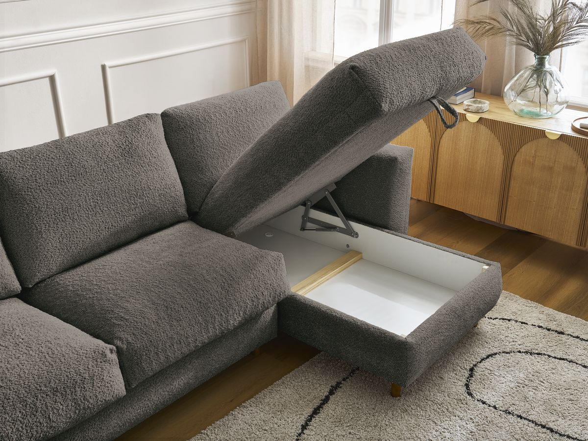 Bobochic Cocoone Ecksofa mit Schlaffunktion und Bettkasten Bouclé-Stoff Braun, Liegefläche 140 × 200 cm