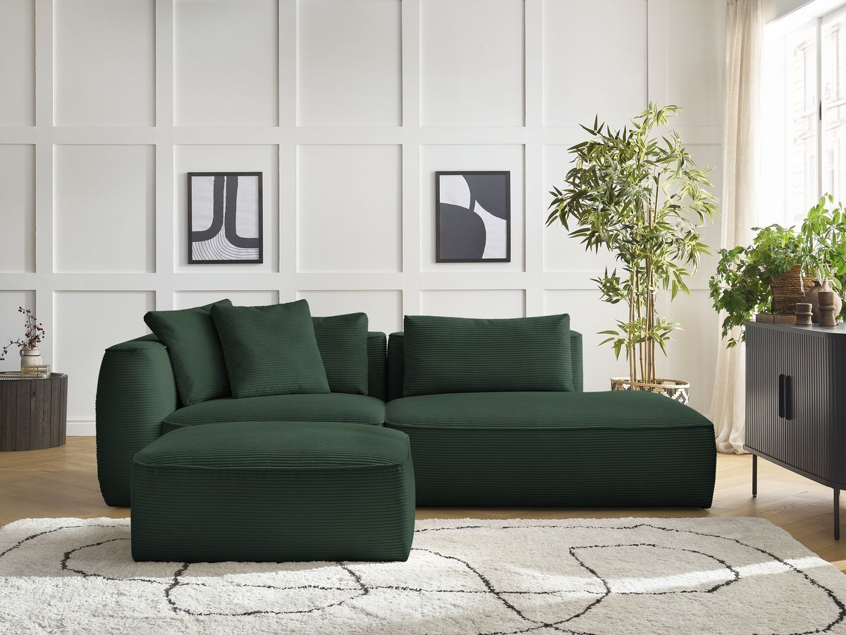 Bobochic Leopold Sofa 4-Sitzer mit Pouf Cordsamt Dunkelgrün Armlehne links