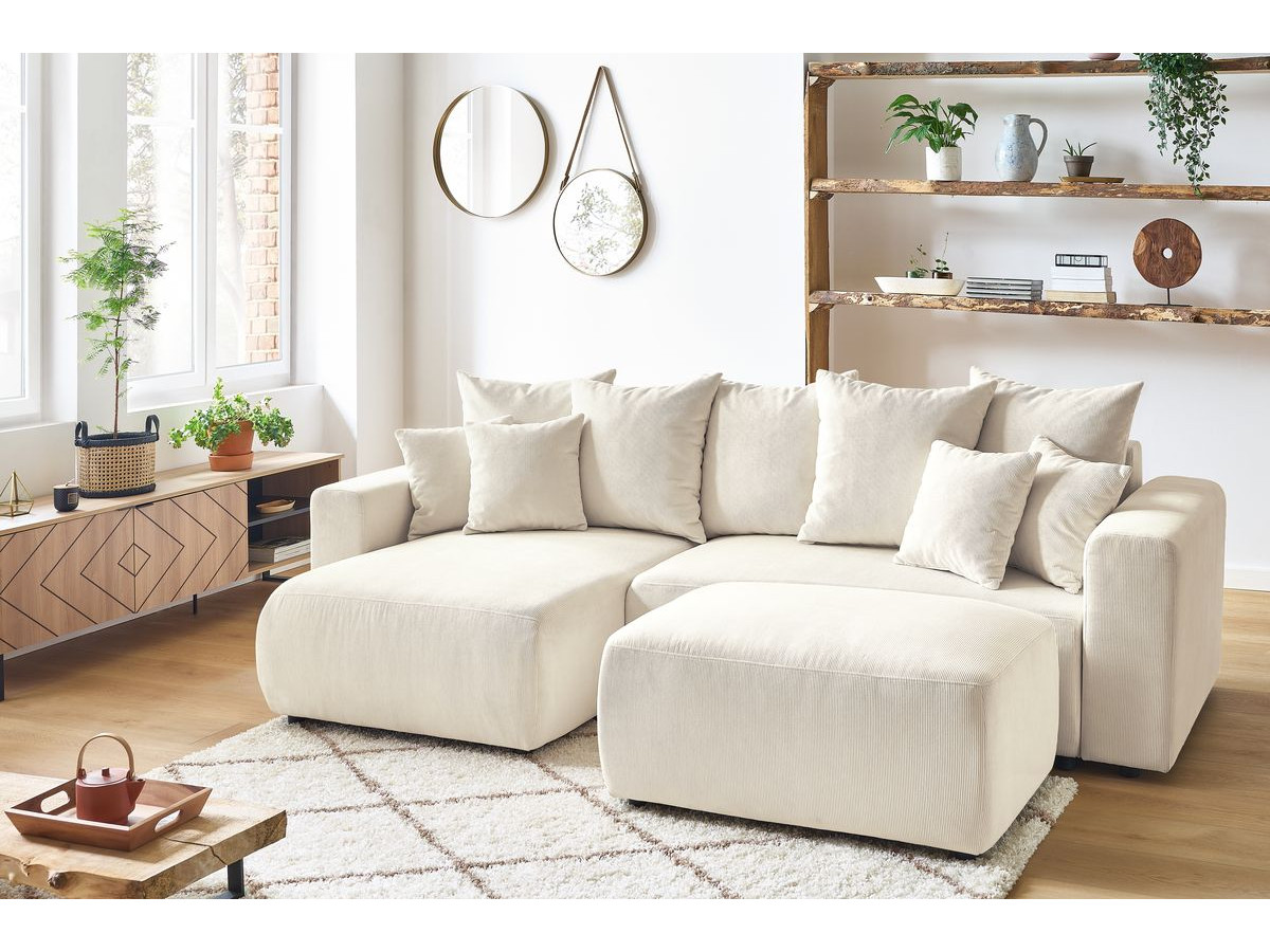 Bobochic Envy Ecksofa mit Schlaffunktion und Bettkasten und Pouf Cordsamt Beige