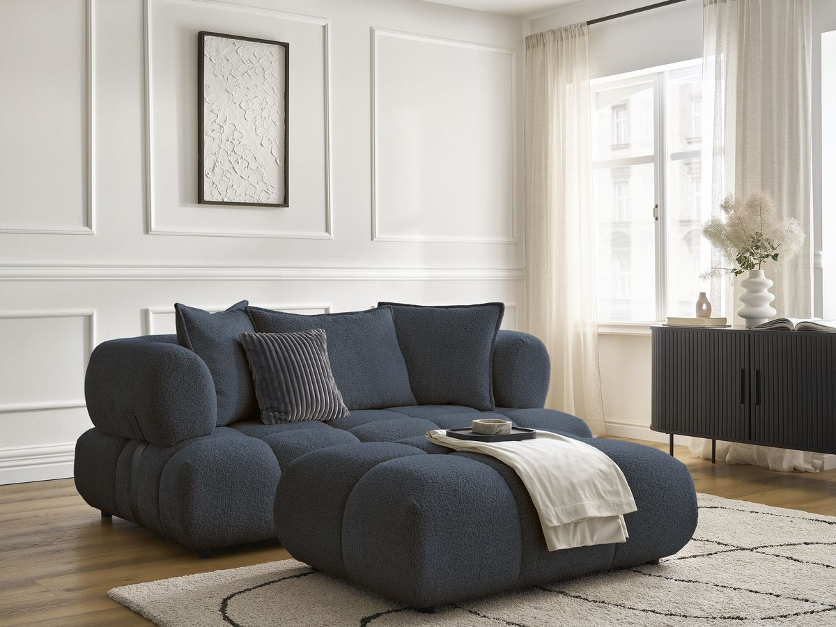 Bobochic Alya Sofa 2-Sitzer mit Pouf Bouclé-Stoff Dunkelblau