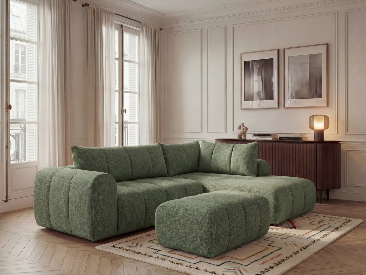 Bobochic Nesty Ecksofa in L-Form, 256 cm, mit Pouf Melange-Stoff Hellgrün Ecke rechts