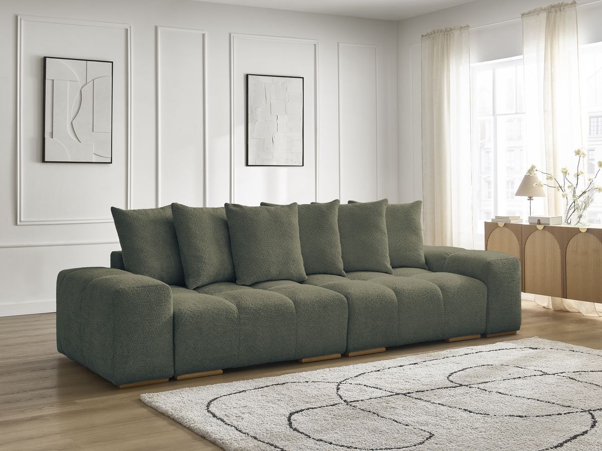 Bobochic Anakin Sofa 3-Sitzer, 6 Kissen Bouclé-Stoff Grün