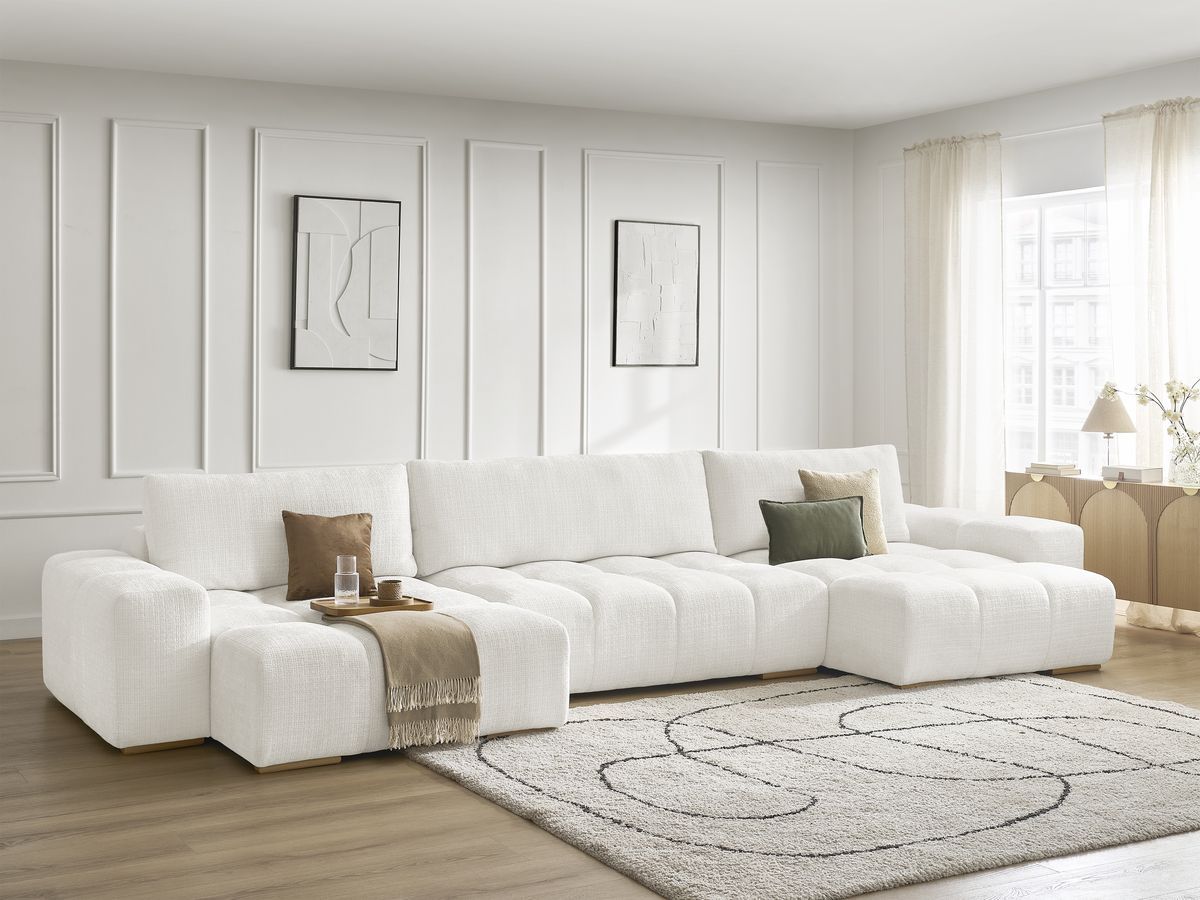 Bobochic Anakin Wohnlandschaft, Liegefläche 137 × 382 cm, 3 Kissen Strukturstoff Weiß