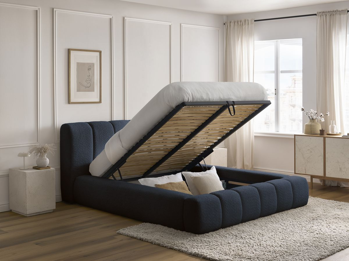 Bobochic Denali Polsterbett mit Bettkasten Bouclé-Stoff Dunkelblau, Liegefläche 140 × 190 cm