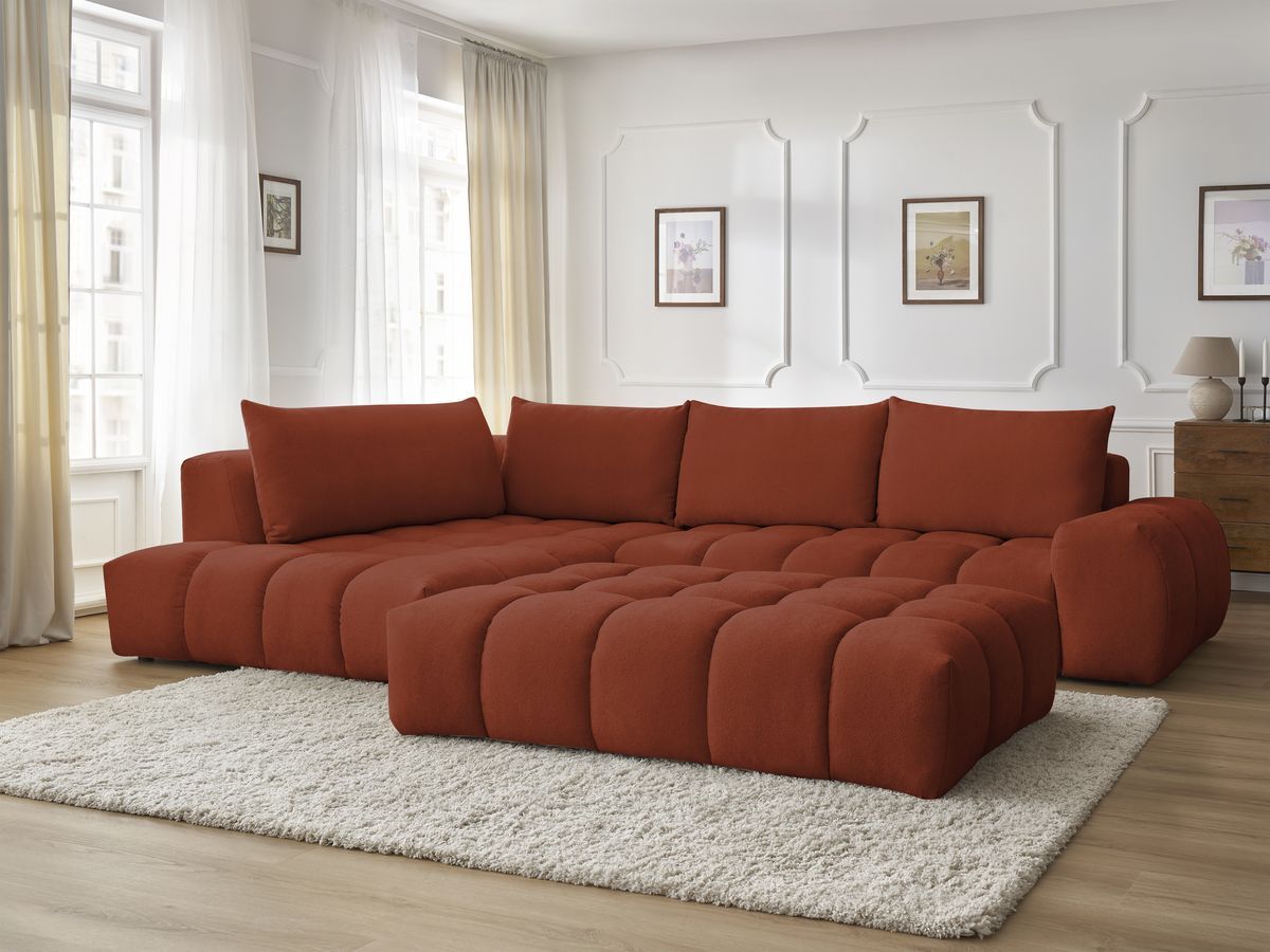 Bobochic Everest Ecksofa mit Schlaffunktion und Pouf, 4 Kissen Strukturstoff Orange Ecke links