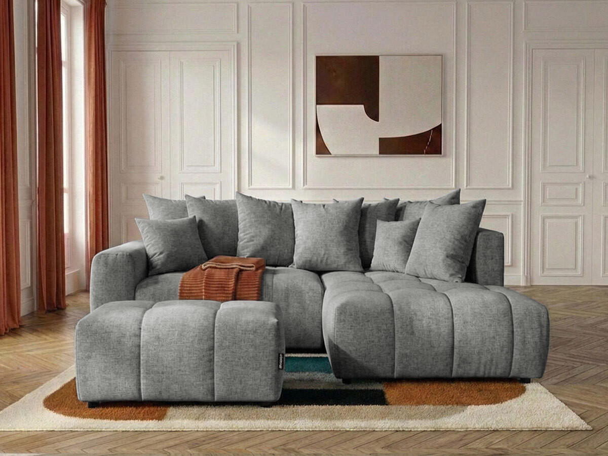 Bobochic Roxelane Ecksofa mit Schlaffunktion und Bettkasten und Pouf Melange-Stoff Hellgrau Ecke rechts