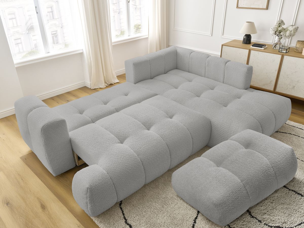 Bobochic Fuji Ecksofa mit Schlaffunktion und Bettkasten und Pouf 282 × 204 cm Bouclé-Stoff Hellgrau Ecke rechts