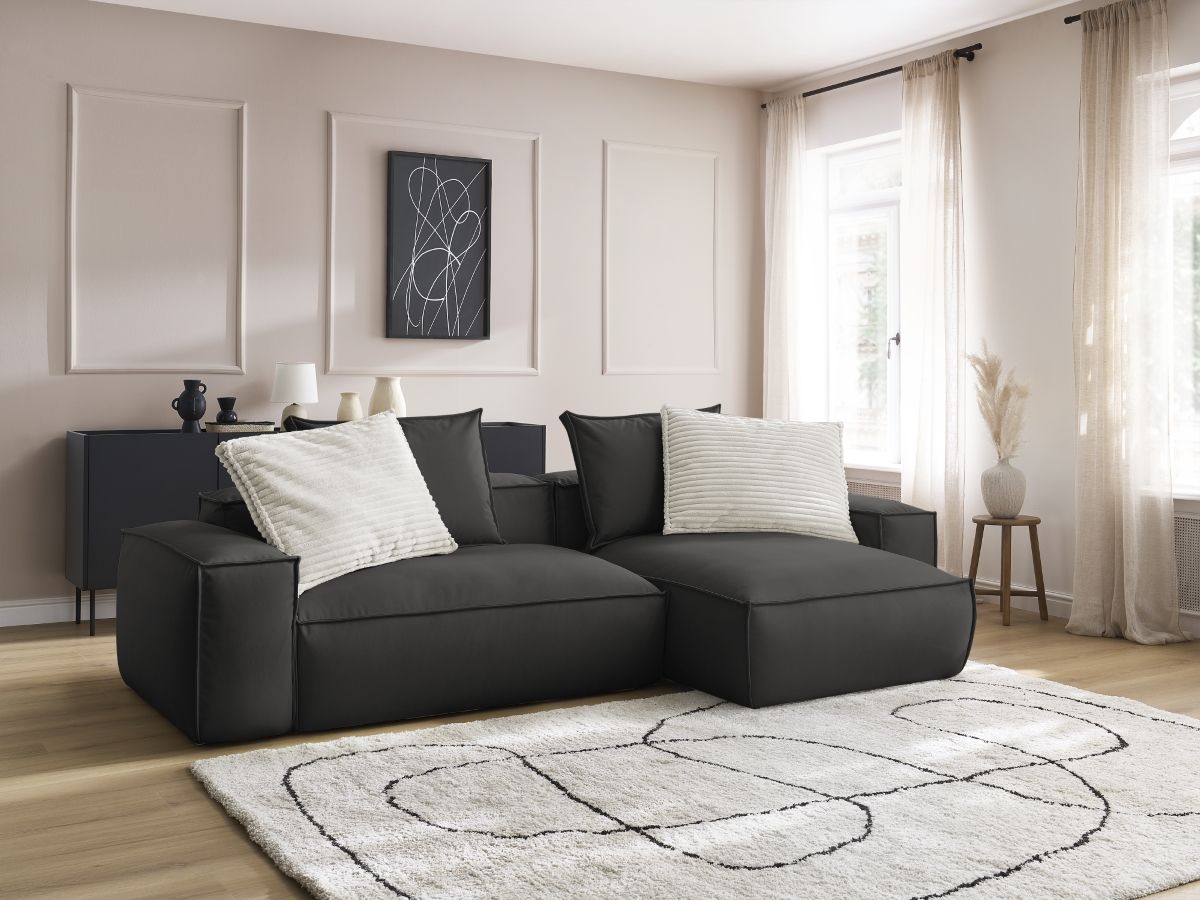 Bobochic Boheme Ecksofa, 3 Kissen Kunstleder Schwarz