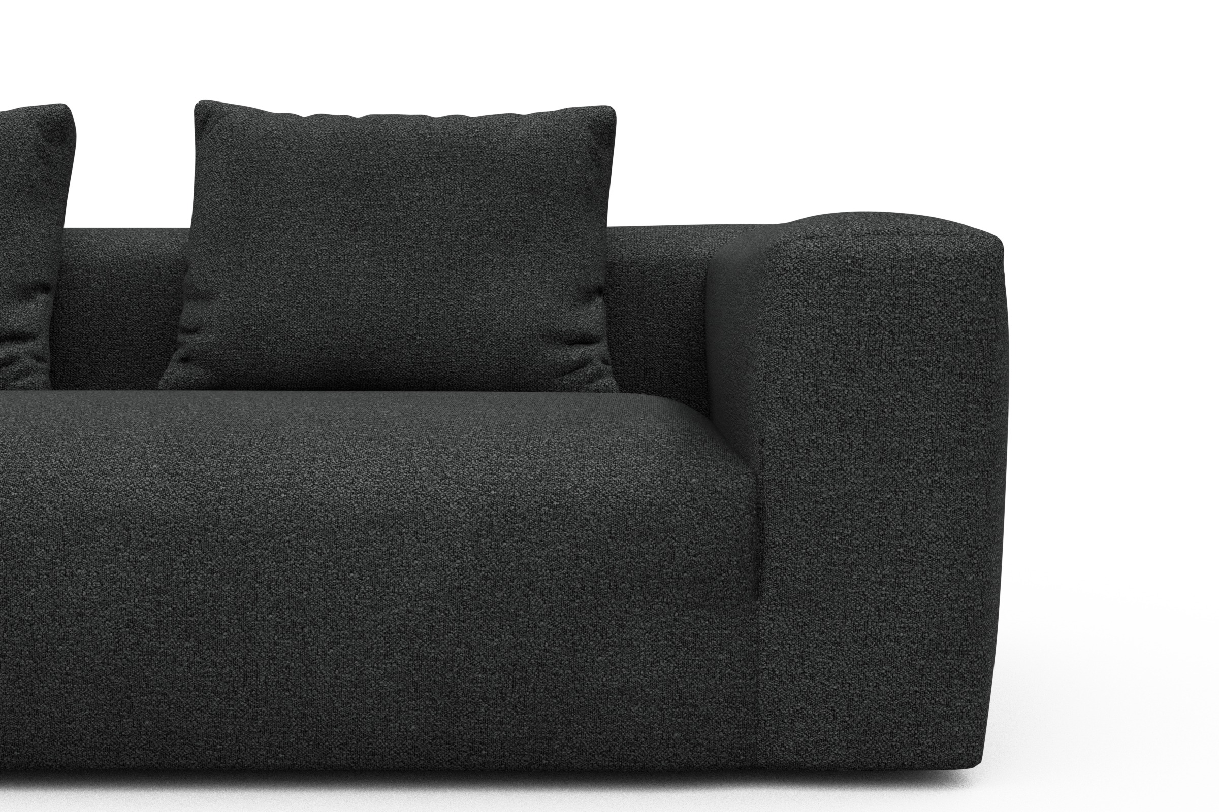 Wohnlandschaft Fred Relax-Ecke rechts mit 2-Sitzer und Chaiselongue links Boucle-Charcoal