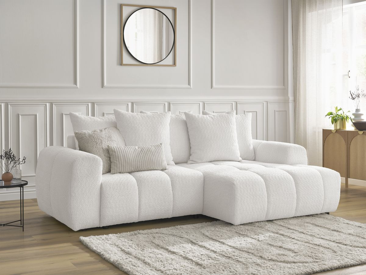 Bobochic Roxelane Ecksofa mit Schlaffunktion und Bettkasten 258 × 150 cm Bouclé-Stoff Weiß Ecke rechts