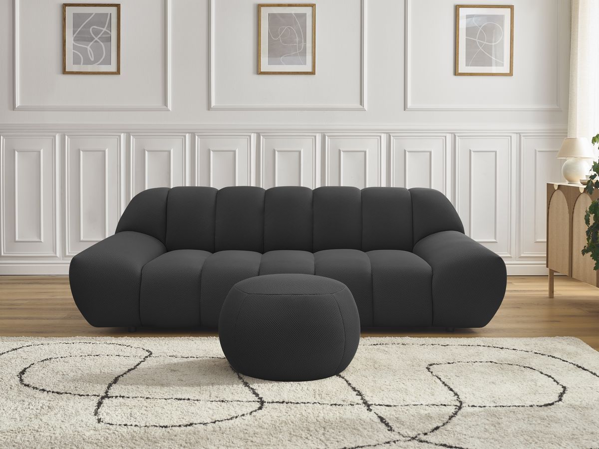 Bobochic Hayden Sofa 3-Sitzer mit Pouf 226 × 107 cm Mesh-Stoff Schwarz