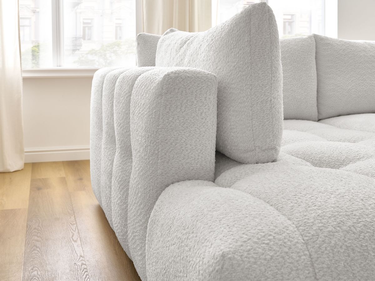 Bobochic Fuji Ecksofa mit Schlaffunktion und Bettkasten und Pouf 282 × 204 cm Bouclé-Stoff Weiß Ecke links