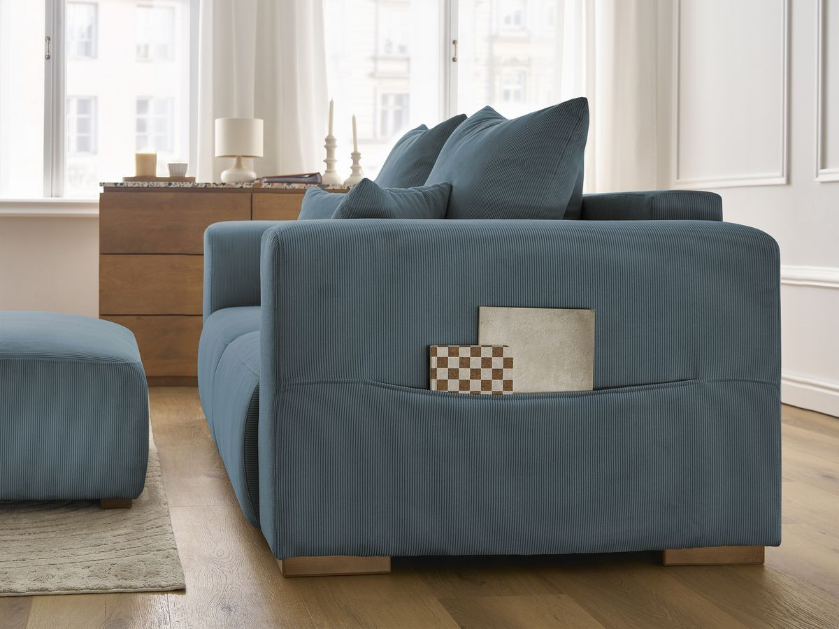 Bobochic Sidonie Sofa 3-Sitzer mit Pouf Cordsamt Dunkelblau
