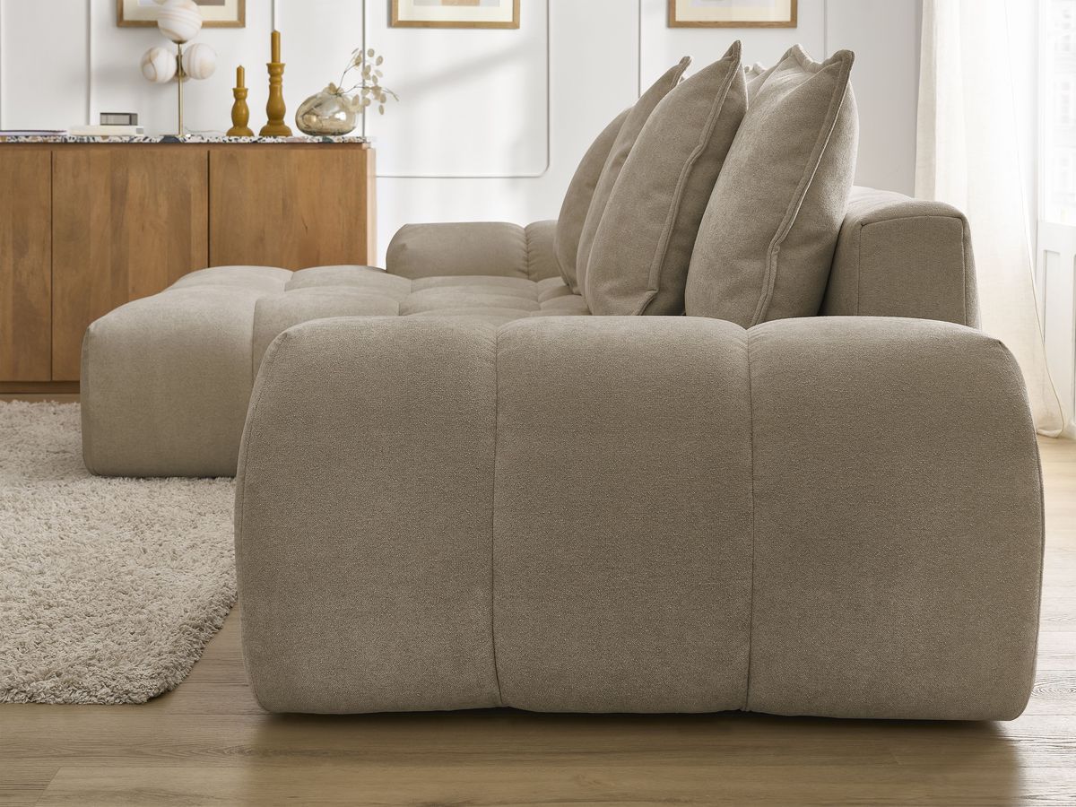 Bobochic Everest Ecksofa mit Schlaffunktion und Bettkasten 318 × 180 cm, 7 Kissen Strukturstoff Taupe Ecke links