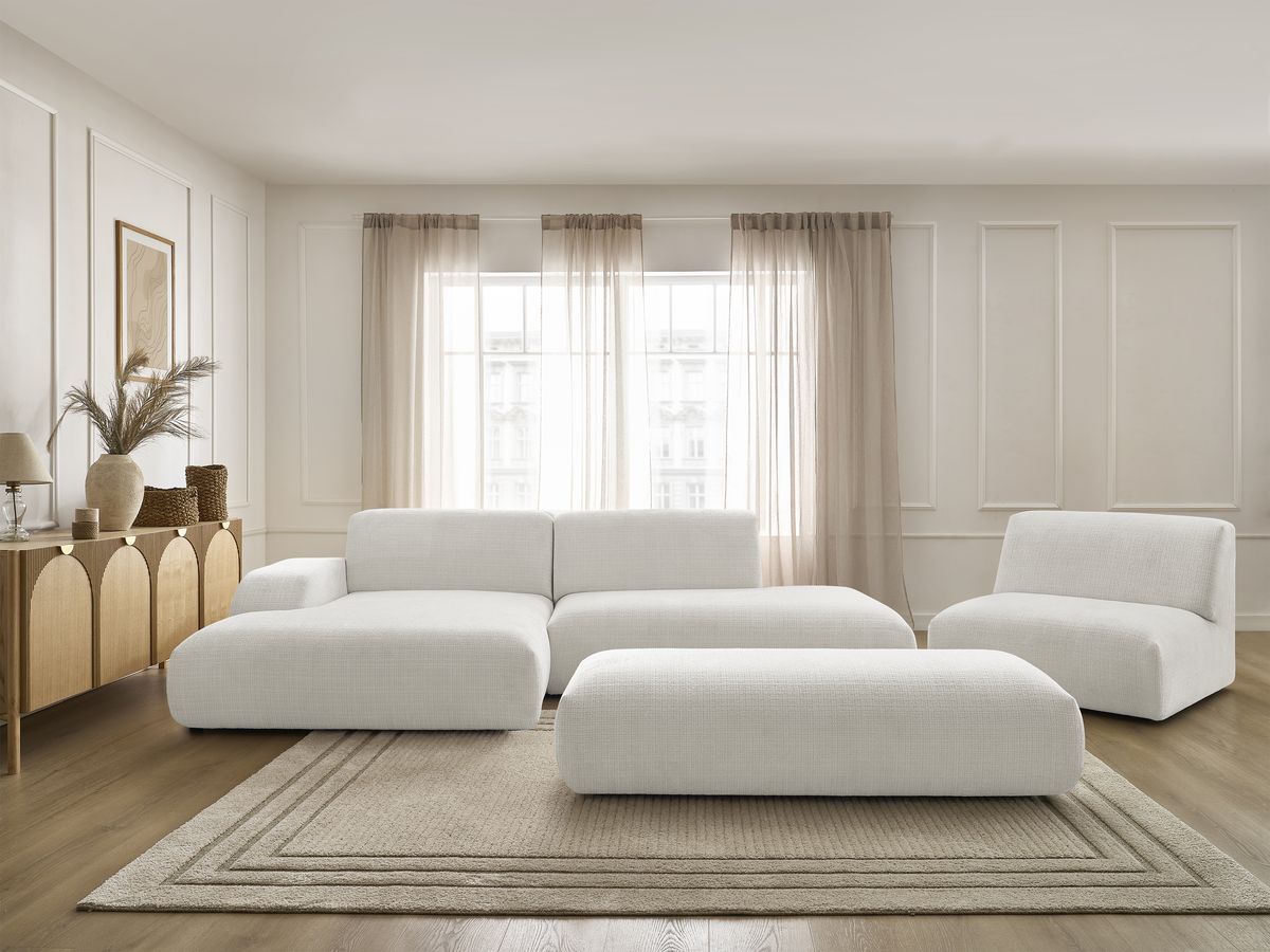 Bobochic Sirius Ecksofa mit Pouf 405 × 170 cm Strukturstoff Weiß Ecke links