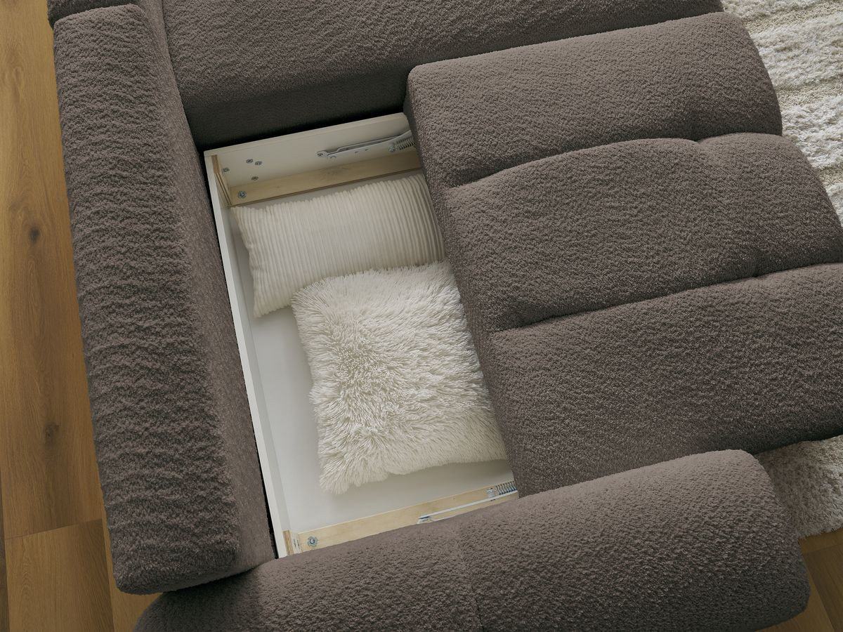 Bobochic Roxelane Ecksofa mit Schlaffunktion und Bettkasten und Pouf 258 × 150 cm Bouclé-Stoff Braun Ecke rechts