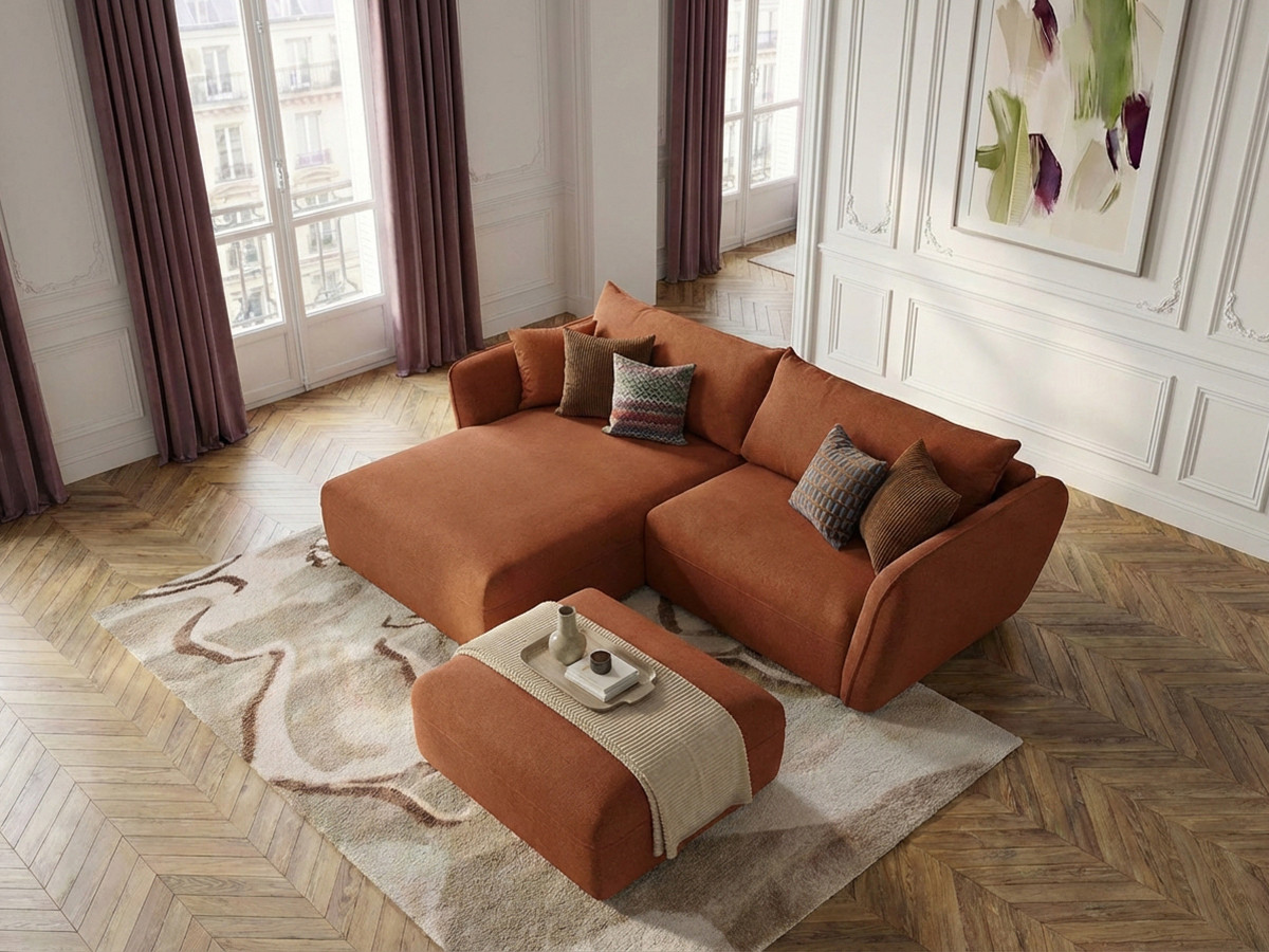 Bobochic Luigi Ecksofa mit Pouf Strukturstoff Orange Ecke links