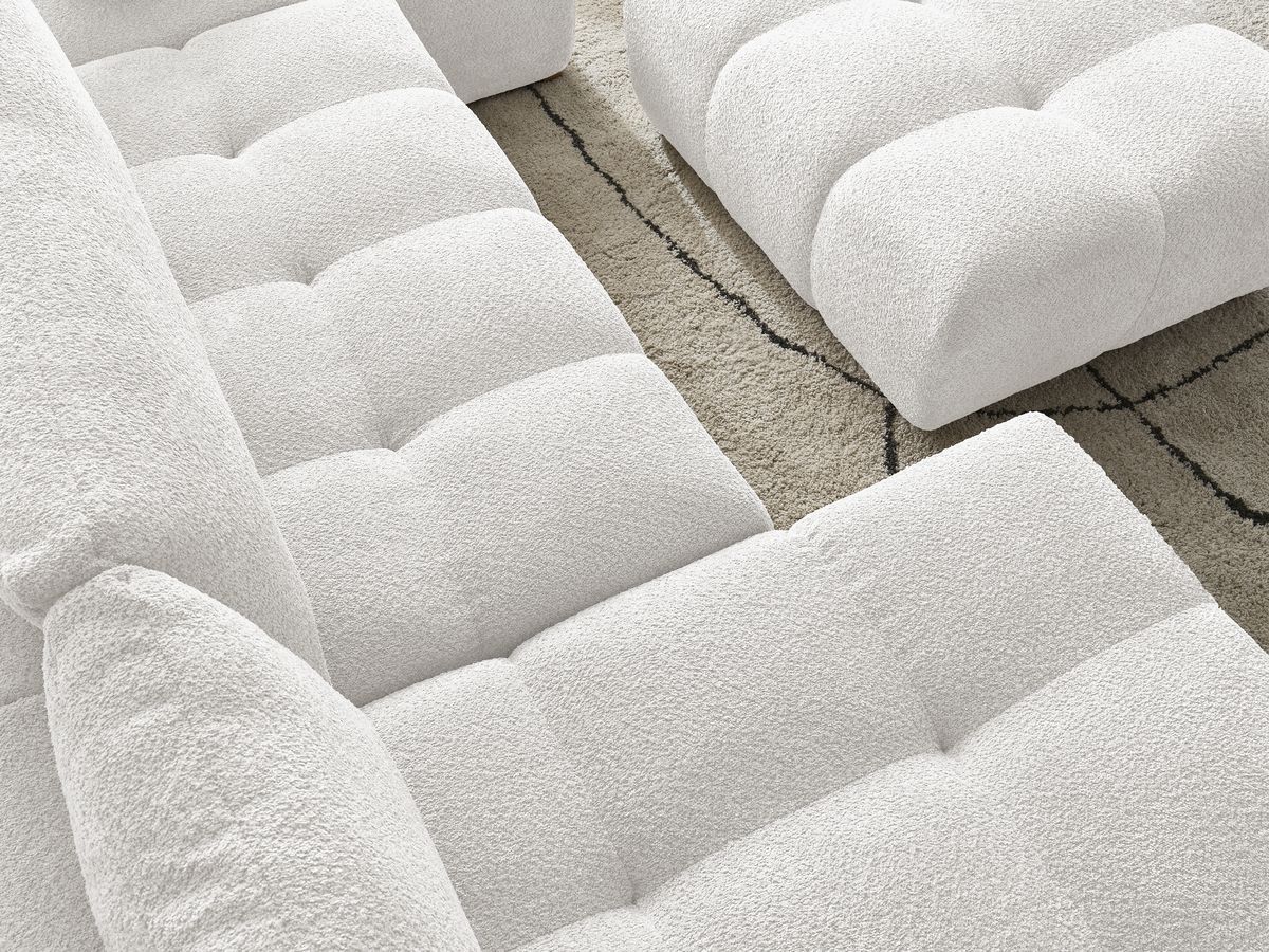 Bobochic Anakin Wohnlandschaft mit Pouf, 3 Kissen Bouclé-Stoff Weiß