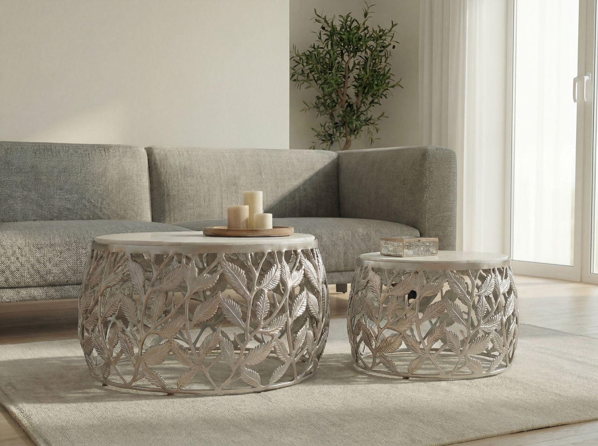 Satztisch 2er-Set Nedenes Marmor Silber Ø 60 cm