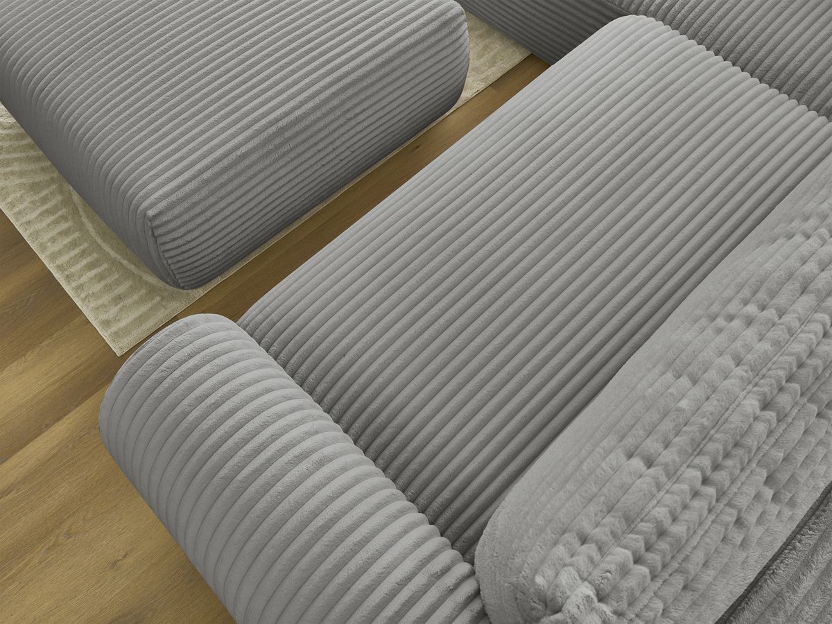 Bobochic Lucien Ecksofa mit Schlaffunktion und Bettkasten und Pouf 296 × 198 cm Breitcord weich Hellgrau Ecke links